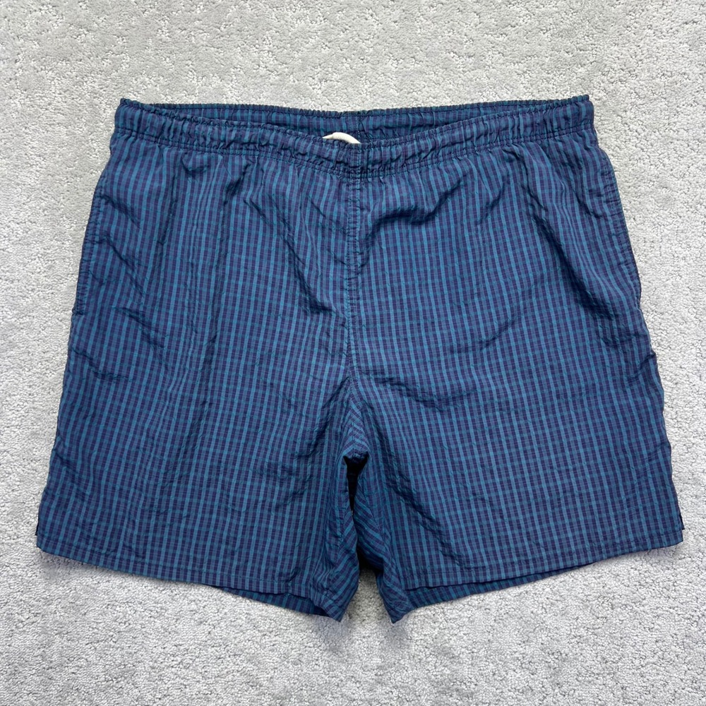 VINTAGE Lands End Swim Shorts Mens M Blue Plaid Check Nylon Trunks Board USA